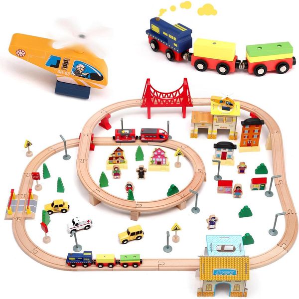 Trenino In Legno E Accessori Per Binari - Set Da 108 Pezzi - Compatibile Con Binari In Legno - Giocattolo Per Bambini - Idea Regalo - Blu Navy-image