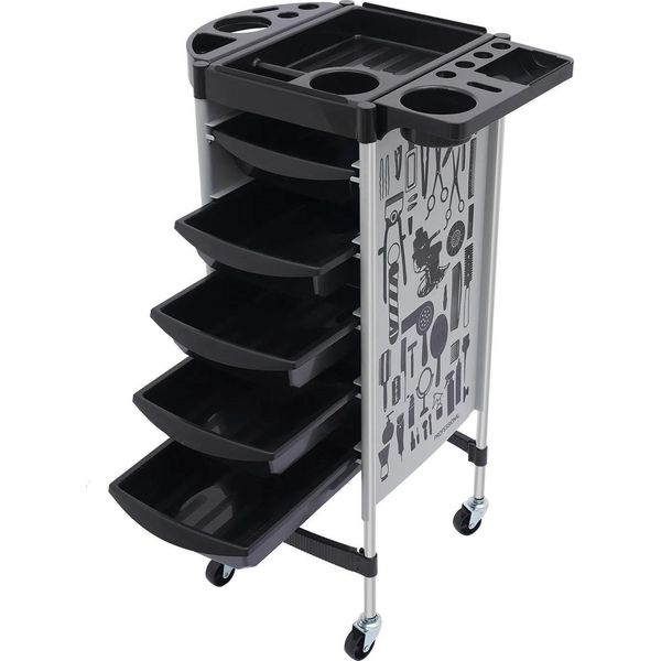 Carrello Da Parrucchiere - Carrello Da Parrucchiere - 5 Cassetti - 6 Ripiani - 4 Rotelle - Pp E Acciaio Inossidabile - Modello Da Appoggio - Nero O Grigio-Bianco-image