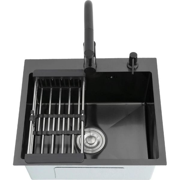 Lavello Da Cucina - Lavello Da Incasso - Vasca Singola - Acciaio Inossidabile 304 - Con Rubinetto - Foro Singolo - 50 X 45 Cm - Nero-image