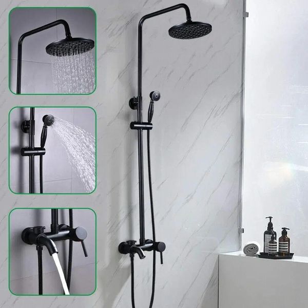Sistema Doccia A Parete - Set Doccia A Pioggia Con Doccetta - Soffione Doccia 20 Cm - Asta Regolabile 80-120 Cm - Valvola In Ceramica - Montaggio A Tre Fori - Nero-image