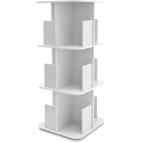 Libreria Girevole - Torre Per Libri - Girevole A 360°, 3 Ripiani, Indipendente, Con Scomparti, Pvc E Acciaio Inossidabile, Salvaspazio - Bianco-image