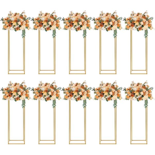 Set Di 10 Supporti Per Fiori - Vaso/Piedistallo A Colonna In Metallo - Altezza 80 Cm, Base 27×27 Cm, Carico Massimo 10 Kg Per Supporto, Geometrico, Per Matrimoni - Oro-image