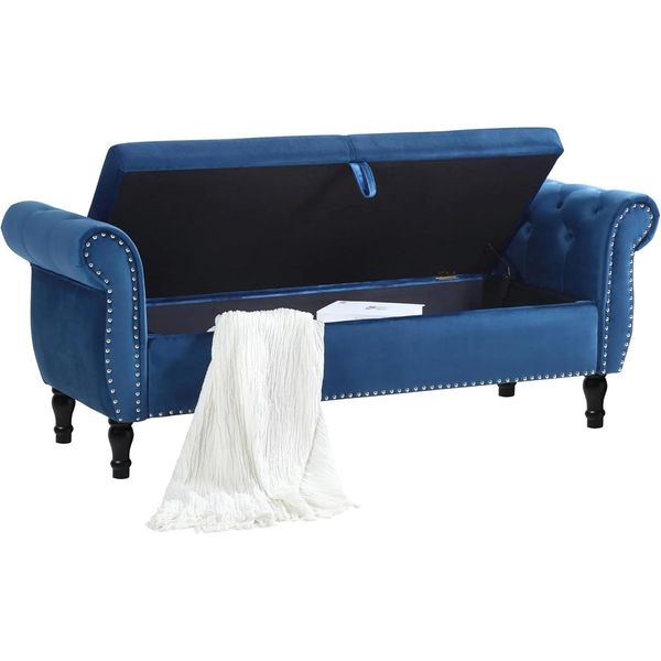 Panca Con Contenitore - Panca Contenitore Imbottita - Rivestimento In Velluto, Struttura In Metallo, Seduta Ribaltabile, Seduta Trapuntata, 133 Cm - Blu-image