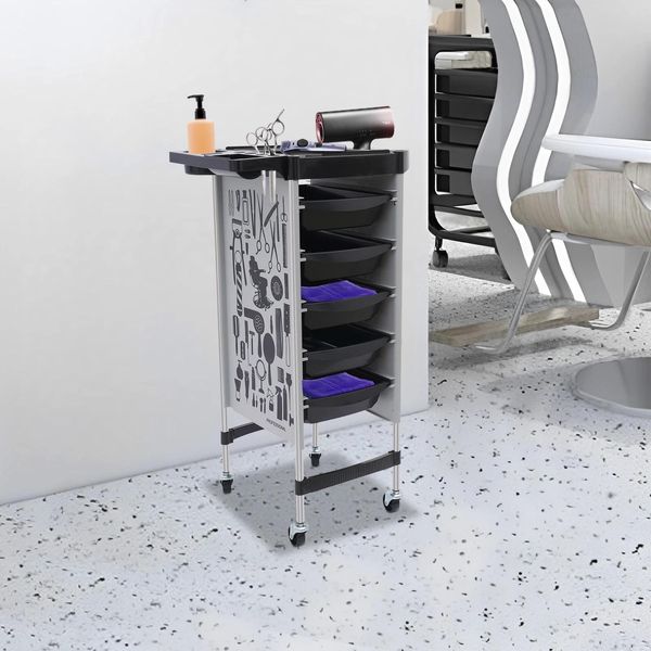 Carrello Da Parrucchiere - Carrello Da Salone/Carrello Da Parrucchiere - 6 Ripiani - 5 Cassetti - 4 Ruote Universali - Portata 80 Kg - Pp E Acciaio Inossidabile - 36×90 Cm - Bianco-image