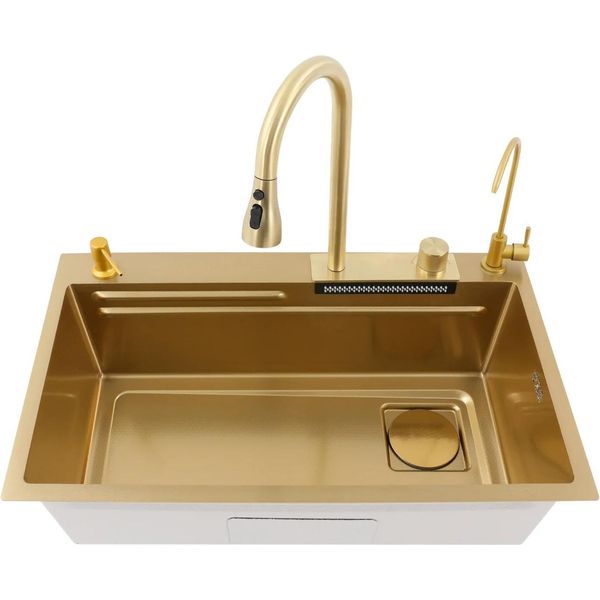 Set Lavello Da Cucina - Vasca Singola - Acciaio Inossidabile 304 - Funzione Cascata - Con Rubinetteria - Due Fori - Oro-image