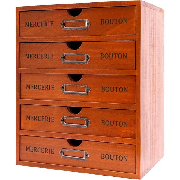 Organizer Da Scrivania In Legno - Cassettiera Con 5 Cassetti - Legno Di Pino - 25×17,5×31 Cm - Portata 5 Kg - Retrò - Marrone-image
