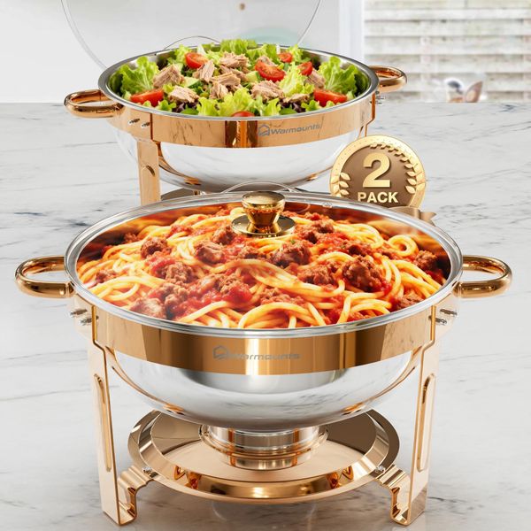 Scaldavivande Chafing Dish - Set Da 2 - Capacità 4,7 L - Con Coperchio In Vetro - Per Feste E Buffet - Marrone-image