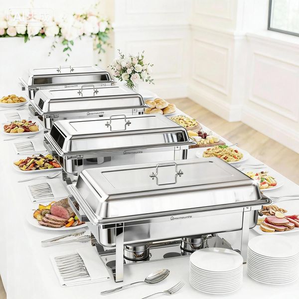 Scaldavivande Chafing Dish - Set - 4 Pezzi - 10 L Per Contenitore - Acciaio Inossidabile - Per Buffet E Feste - Marrone-image