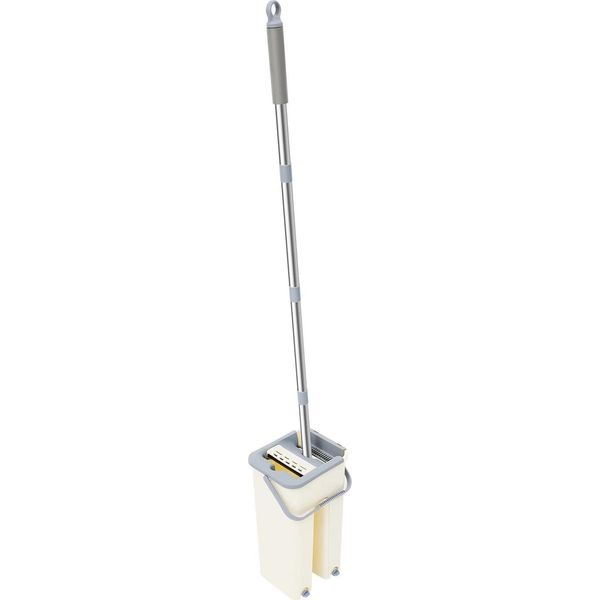 Mop Piatto Con Secchio - Set Per La Pulizia - Per Pavimenti E Soffitti - Manico Lungo - Manico In Acciaio Inossidabile - Testina In Fibra - 10 Panni - Secchio In Plastica - Beige-image