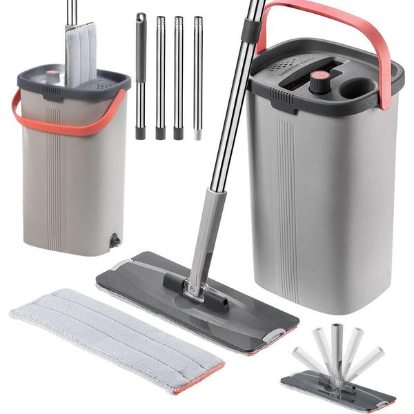 Mop Piatto Con Secchio - Set Mop/Scopa - Microfibra - Separazione Dell'acqua A Due Camere - Secchio Con Strizzatore - Incl. 2 Rivestimenti-image