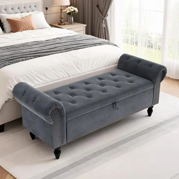 Panca Contenitore - Panca Pouf In Velluto - Struttura In Metallo - Coperchio Ribaltabile - Imbottita - 133×53×46 Cm - Grigio Scuro-image