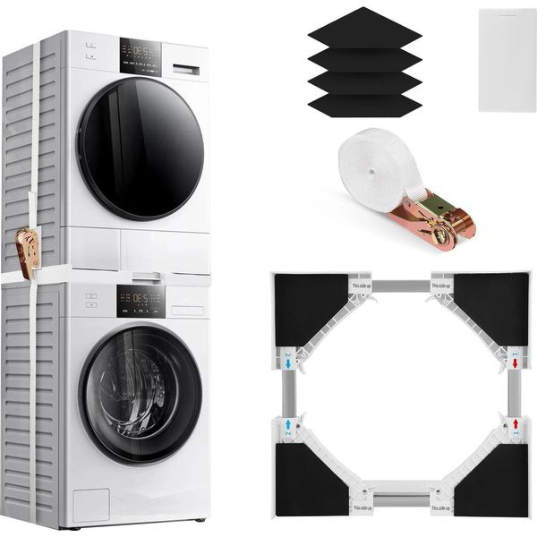 Kit Di Montaggio Intermedio Per Lavatrice E Asciugatrice - Universale - Con Cinghie Di Fissaggio A Cricchetto - Per Elettrodomestici Larghi 45-68 Cm - Bianco-image