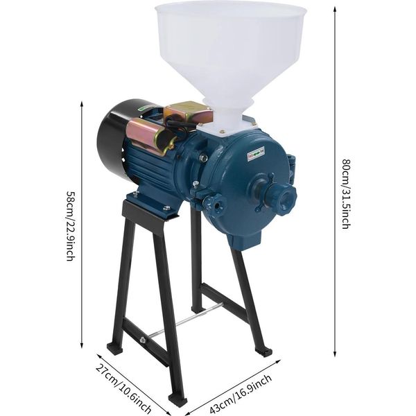 Molino Elettrico Per Cereali - Mulino Per Farina E Mais - 2200 W - 220 V - 1400 Giri/Min - Per Cereali Secchi E Fagioli - Con Tramoggia - Blu-image
