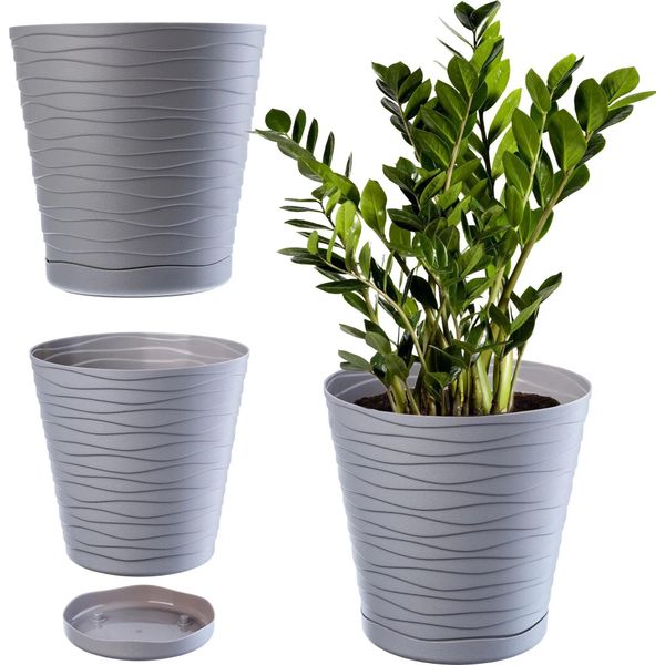 Vaso Da Fiori - Vaso Con Sottovaso In Plastica - Dimensioni Medie - Per Interni Ed Esterni - Grigio Chiaro-image