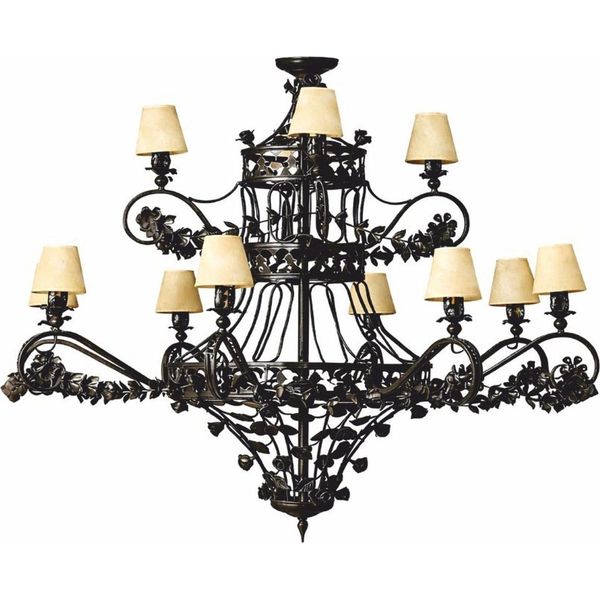 Casa Padrino Lampadario Barocco In Ferro Battuto Nero / Beige Ø 150 X H. 130 Cm-image
