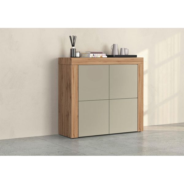 Highboard Otto Home "Chronos Breite 140 Cm Mit 4 TüRen Und 8 FäCher 'Made In Italy'", Taube Matt, Eiche Wotan, B:140Cm H:130Cm T:40Cm, Sideboards, Highboard, Hohes Sideboard, Kommode, Schrank, Grifflos Mit Push To Open-image