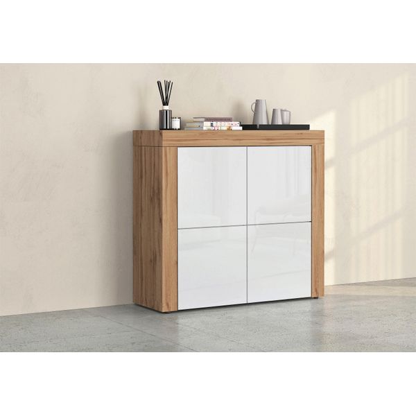 Highboard Otto Home "Chronos Breite 140 Cm Mit 4 TüRen Und 8 FäCher 'Made In Italy'", Weiß (Weiß Hochglanz, Eiche Wotan), B:140Cm H:130Cm T:40Cm, Sideboards, Highboard, Hohes Sideboard, Kommode, Schrank, Grifflos Mit Push To Open-image
