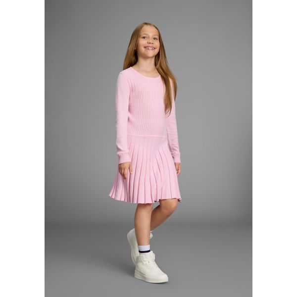 Strickkleid Kangaroos "Kleid Feinem Zopf-Strick Und Faltenrock", MäDchen, Gr. 164/170, N-Gr, Rosa, Feinstrick, Obermaterial: 100% Baumwolle, Zopfmuster, Festlich, Figurumspielend Kniefrei, Rundhals, Kleider Strickkleid, Niedliches Strickkleid Mit Zopfmuster-image