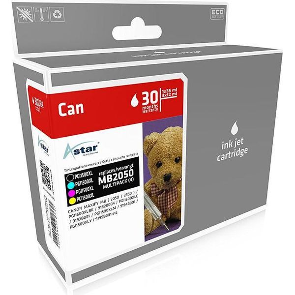 Astar - Confezione Da 4 Pezzi - Nero, Giallo, Ciano, Magenta - Cartuccia D'inchiostro Compatibile (Alternativa A: Canon PGI-1500XL Bk, Cano-image