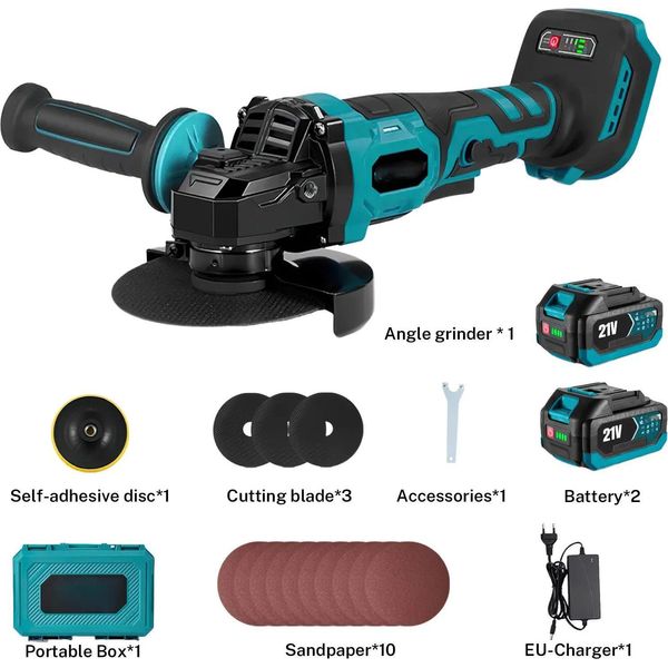 Smerigliatrice Angolare, Motore Brushless, 3 Velocità, 2 Batterie, 1 Spina, Ue-image