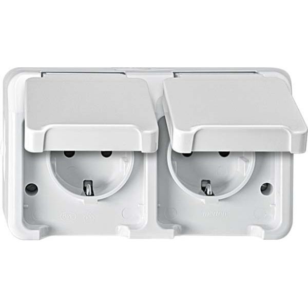 Merten MEG2320-8029 Presa Doppia Con Contatto Di Terra, Disposizione Orizzontale Con Protezione Tattile, Grigio Chiaro, Aquastar-image