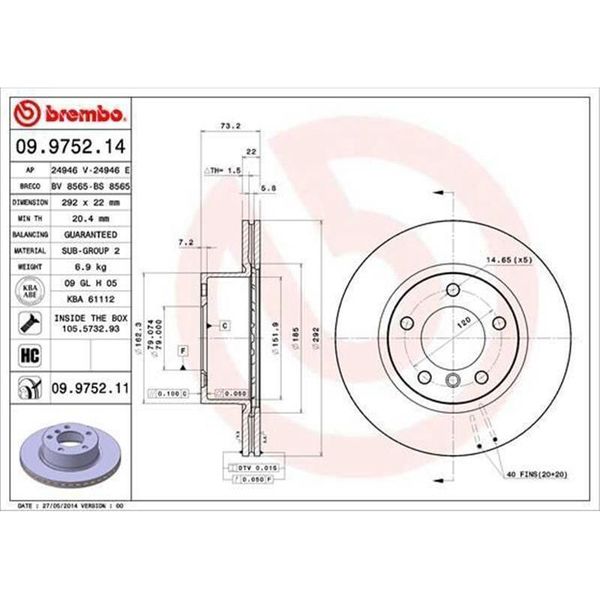 2X Brembo 09.9752.11 Disco Freno Asse Anteriore-image