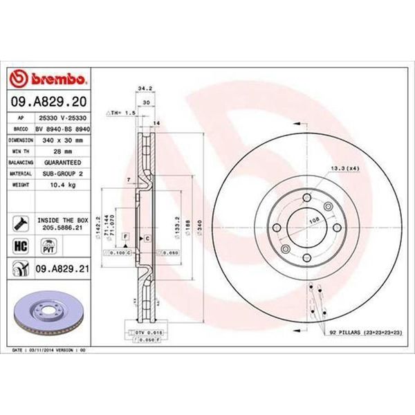 2X Disco Freno Brembo 09.A829.21 Per Peugeot 308 Cc (4B_) Per Ds DS5-image