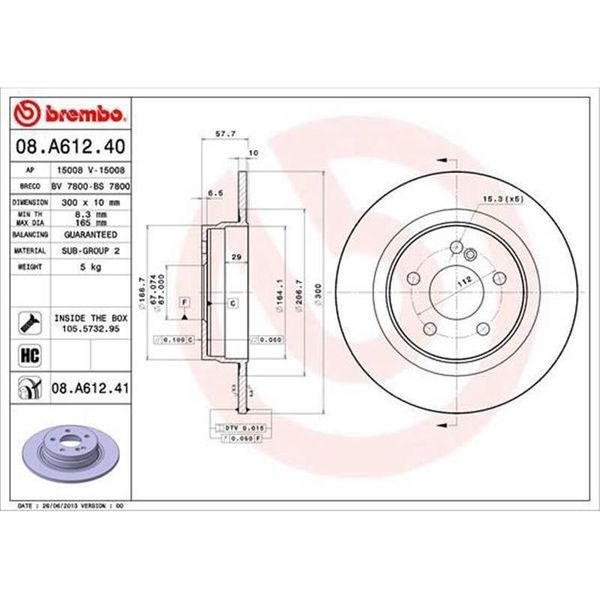 2X Brembo 08.A612.41 Disco Freno Asse Posteriore-image