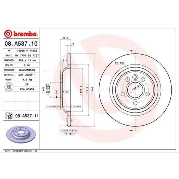 2X Brembo 08.A537.11 Disco Freno Asse Posteriore-image