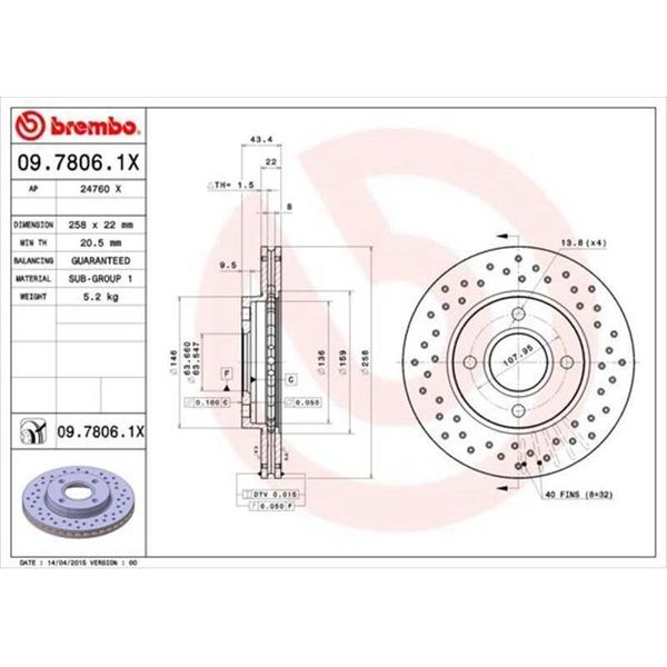 2X Disco Freno Brembo 09.7806.1X Per Ford Fiesta Mk6 Hatchback (JA8 JR8) 44Mm-image