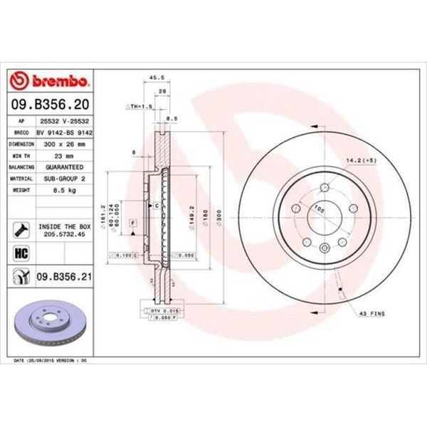 2X Disco Freno Brembo 09.B356.21 Per Opel Mokka / Mokka X (J13) 46Mm 300Mm-image