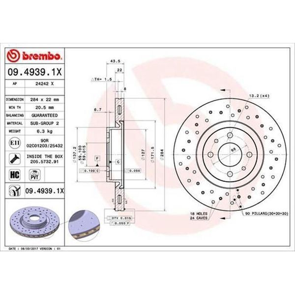 2X Disco Freno Brembo 09.4939.1X Per Fiat Bravo Ii (198) Doblo Cargo (223_)-image