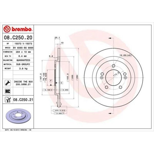2X Disco Freno Brembo 08.C250.21 Per Hyundai I40 Cw (Vf) I40 (Vf) 25Mm 284Mm-image