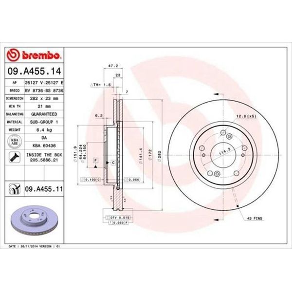 2X Brembo Disco Freno 09.A455.11 Per Honda Civic Viii Hatchback (Fn Fk) Stream-image
