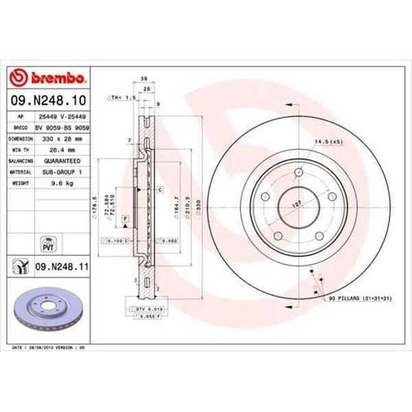 2X Disco Freno Brembo 09.N248.11 Per Vw Routan Furgone 38Mm 330Mm-image