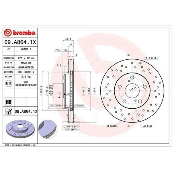 2X Disco Freno Brembo 09.A864.1X Per Toyota Corolla Notchback (E15_) 46Mm-image