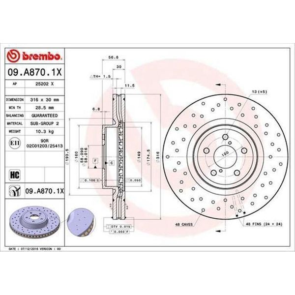 2X Disco Freno Brembo 09.A870.1X Per Subaru Forester (Sj) Legacy Iv Estate (Bp)-image