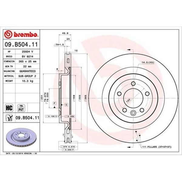 2X Brembo Disco Freno 09.B504.11 Per Land Rover Range Rover Sport (L494) 49Mm-image