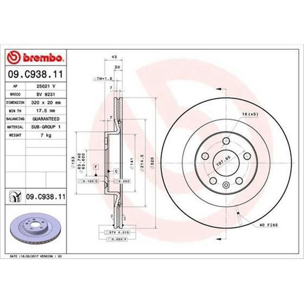 2X Disco Freno Brembo 09.C938.11 Per Volvo XC90 Ii (256) XC60 Ii (246) 43Mm-image