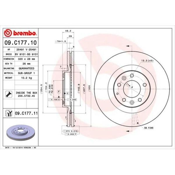 2X Brembo Disco Freno 09.C177.11 Per Mazda CX-7 (Er) Per Ford Usa Edge (U387)-image