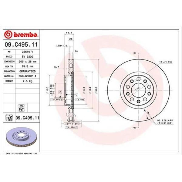 2X Disco Freno Brembo 09.C495.11 Per Alfa Romeo Giulia (952_) 45Mm 305Mm-image
