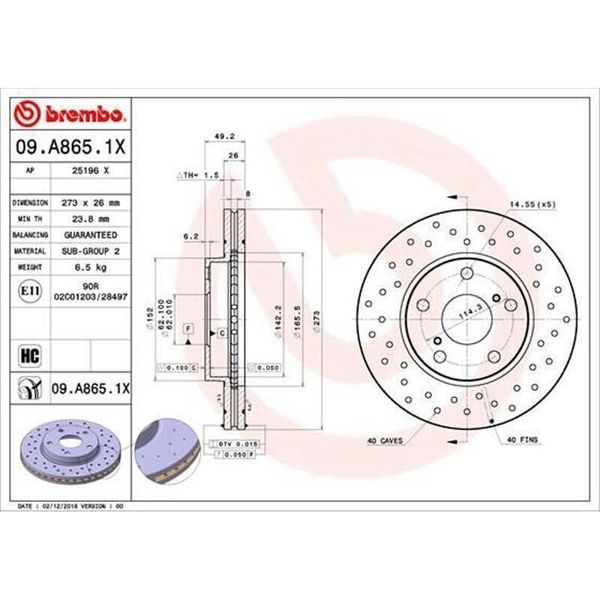 2X Disco Freno Brembo 09.A865.1X Per Toyota Corolla Notchback (E15_) 49Mm-image