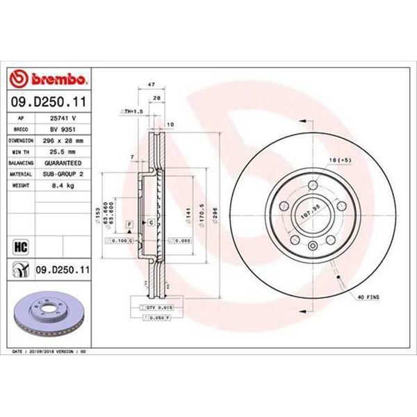 2X Disco Freno Brembo 09.D250.11 Per Volvo V90 Ii Estate (235 236) S90 Ii (234)-image