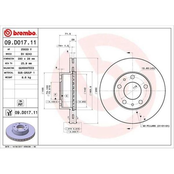 2X Disco Freno Brembo 09.D017.11 Per Piattaforma / Telaio Opel Movano C (U9)-image