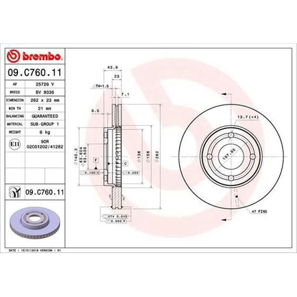 2X Brembo Disco Freno 09.C760.11 Per Ford Fiesta Mk7 Hatchback 44Mm 262Mm-image