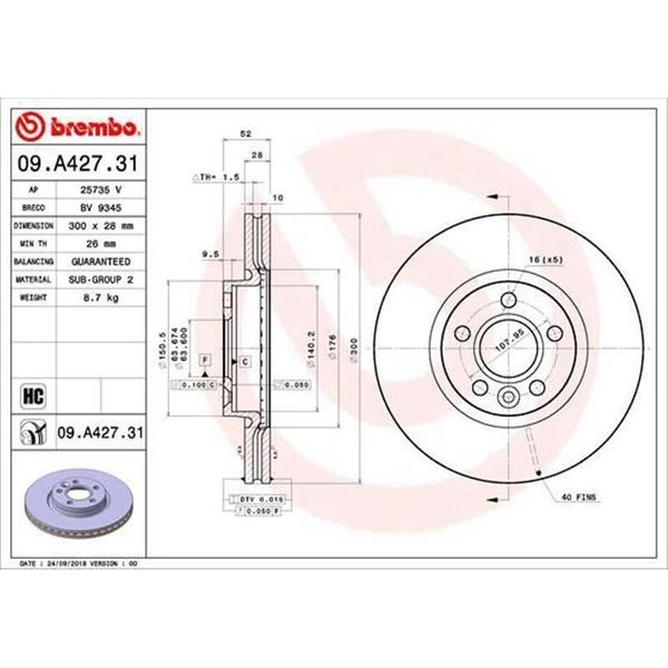 2X Disco Freno Brembo 09.A427.31 Per Volvo V70 Iii (135) V60 (155 157) 52Mm-image