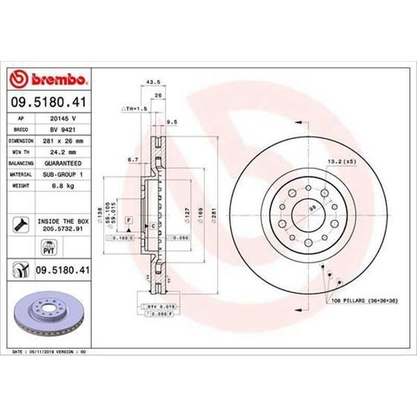 2X Disco Freno Brembo 09.5180.41 Per Fiat Tipo Hatchback (356_) 44Mm 281Mm-image