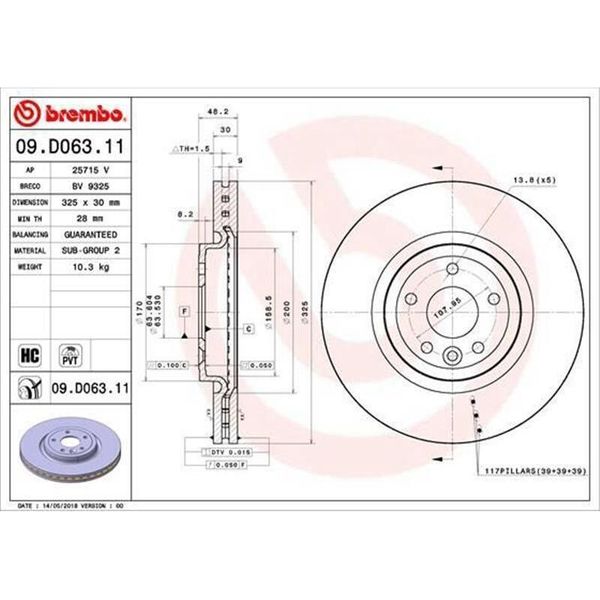 2X Disco Freno Brembo 09.D063.11 Per Jaguar Xe (X760) Xf (X260) 48Mm 325Mm-image
