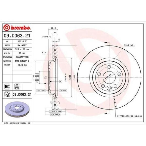 2X Disco Freno Brembo 09.D063.21 Per Land Rover Range Rover Velar (L560) 48Mm-image