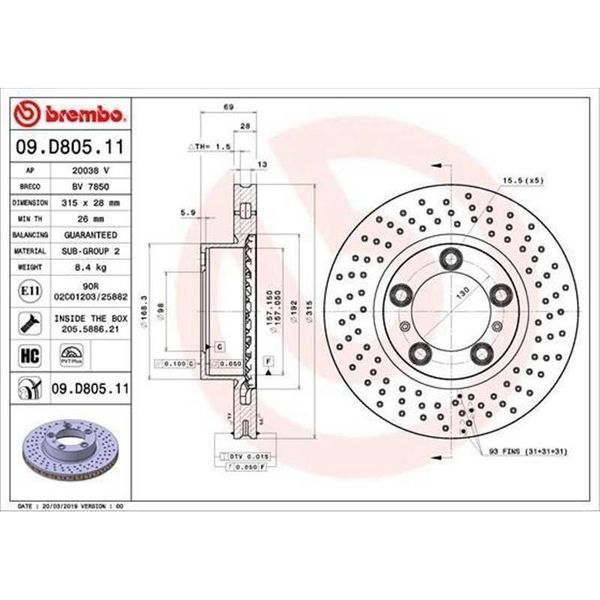 2X Brembo Disco Freno 09.D805.11 Per Porsche Boxster (981) Cayman (981) 69Mm-image